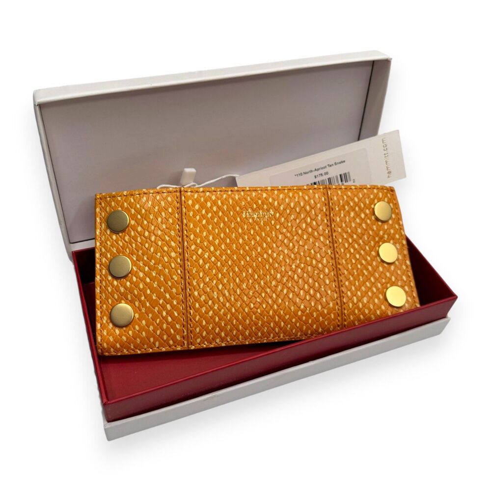 Hammitt 110 North Apricot Tan Snake Embossed Leather Wallet NWT Box Brushed Gold